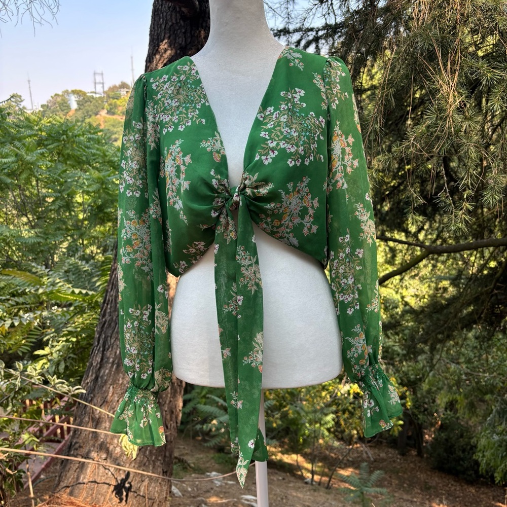 Floral Green Tie-Front Blouse